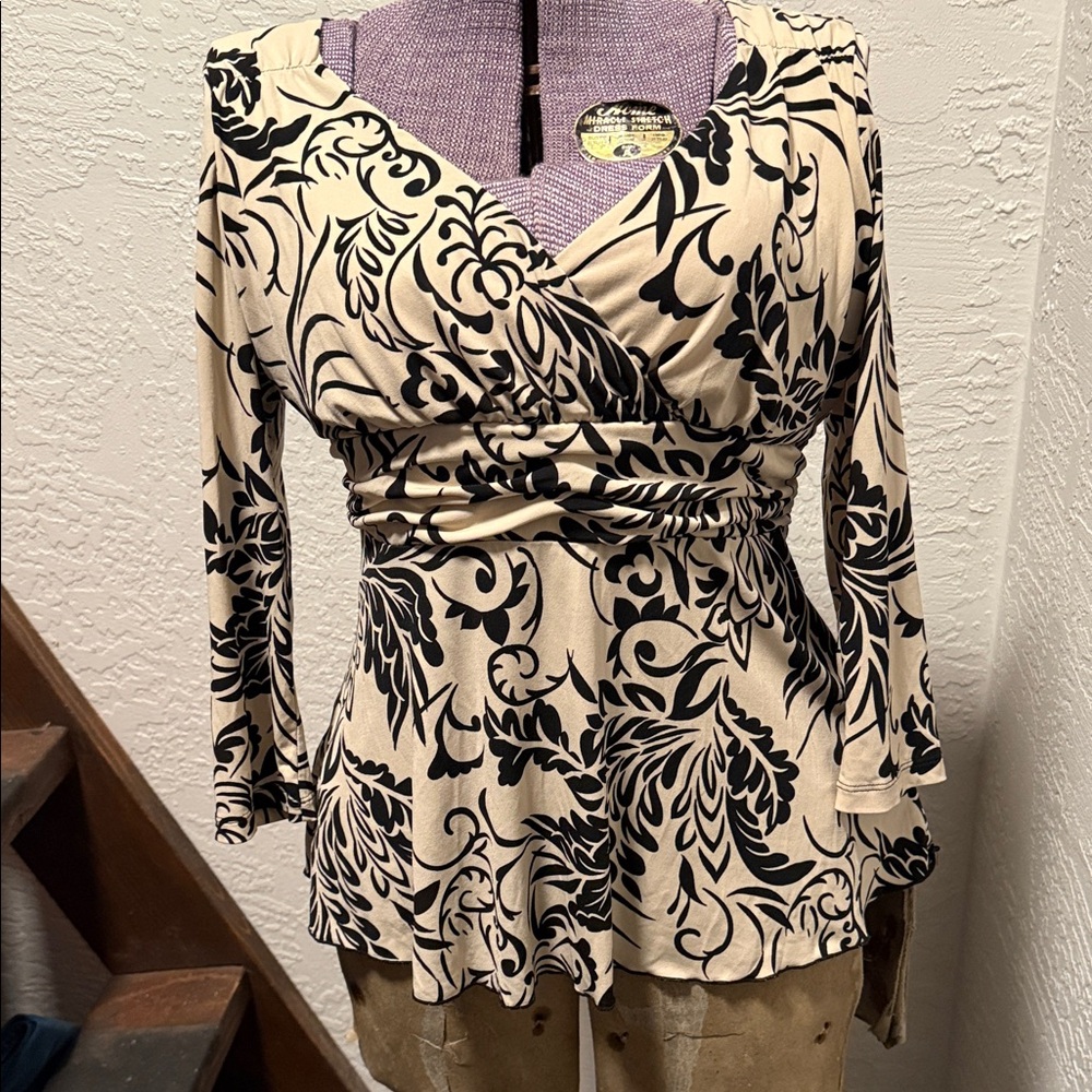 Chic Black and Cream Floral Wrap Blouse